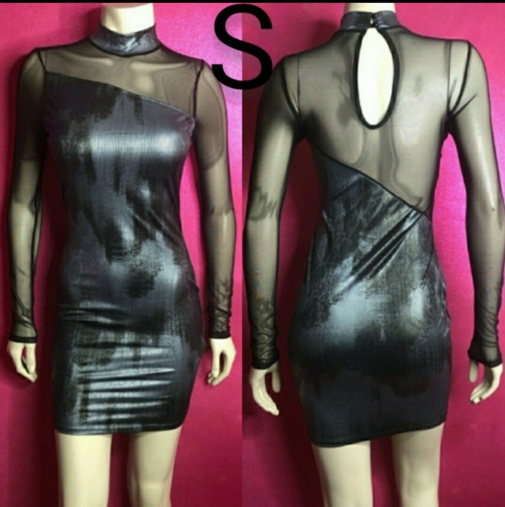 🆕Black Mesh Metallic Grey Snake Skin Bodycon Dress  Size S